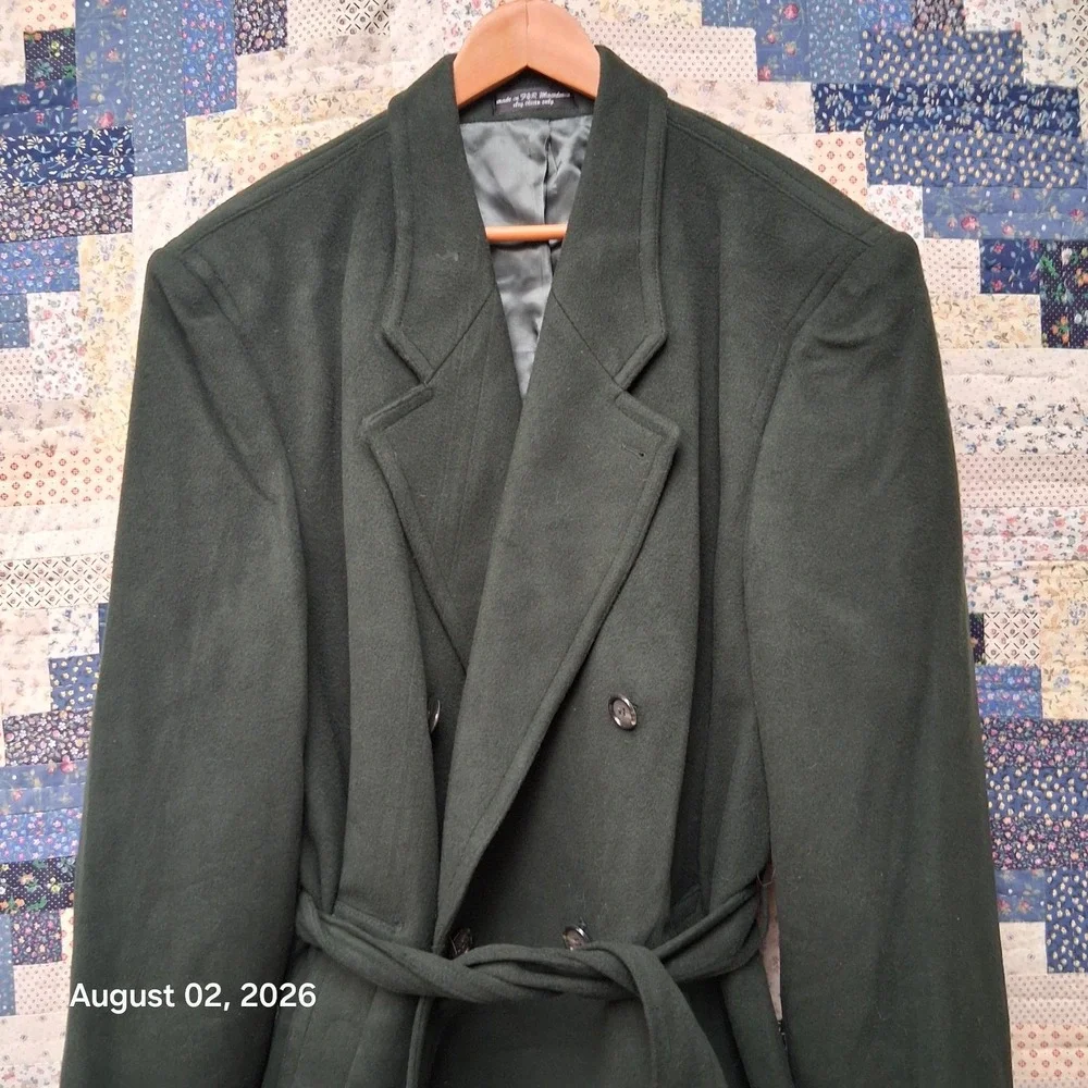 Bachrach Mens 44R Forest Green Wool Cashmere Belted Double Breasted Overcoat NWT